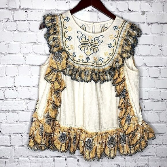 Leon Max Embroidered Cotton Boho Ruffle Sleeveless Artsy Top M - Picture 3 of 12